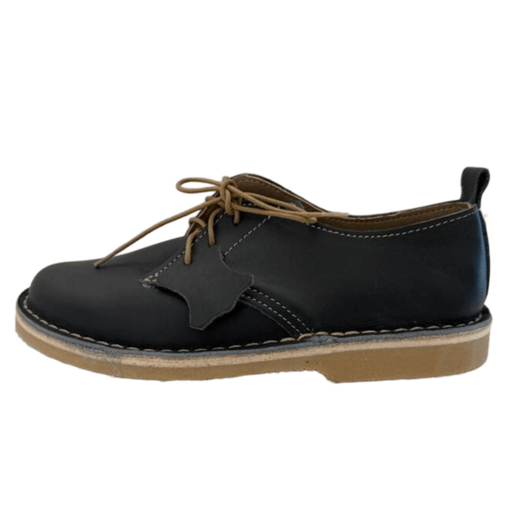 Black leather shoe with brown laces on a white background from the side