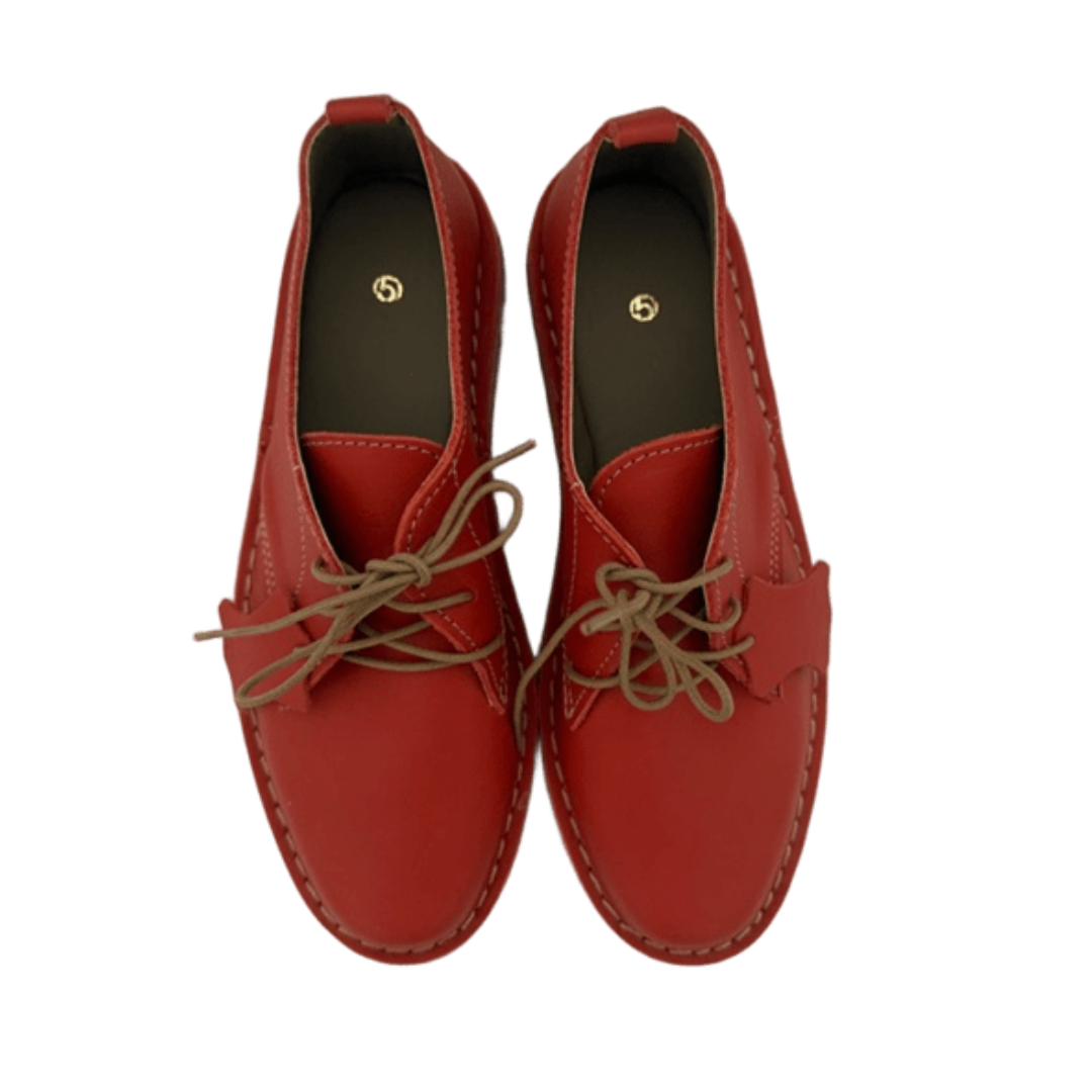 Pair of red loafers with brown laces on a white background from above