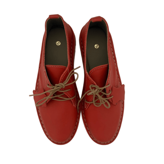 Pair of red loafers with brown laces on a white background from above