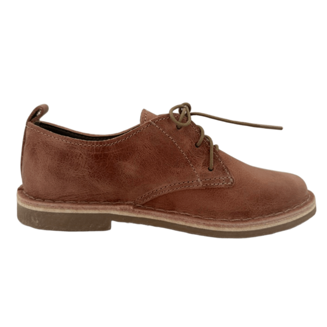 Brown leather shoe on a white background from the side