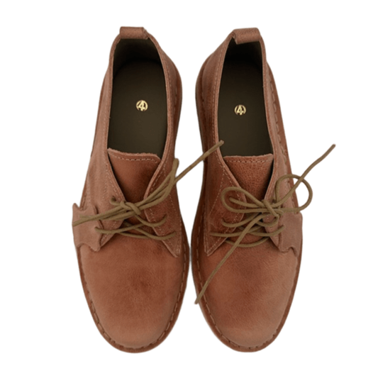 Pair of brown suede shoes with laces on a white background from above