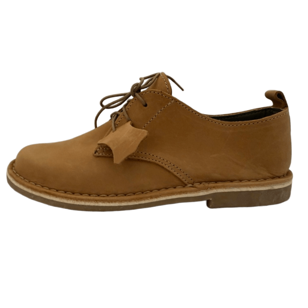 tan leather shoe on a white background from the side