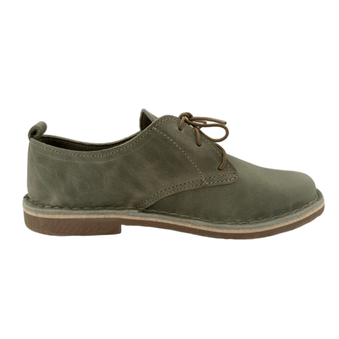 sage green shoes with brown laces on a white background from the side